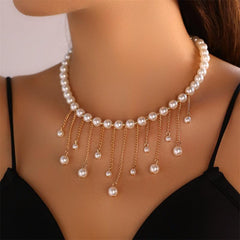Tassel Drop Necklace Long Chain Faux Pearl Adjustable Women Jewelry