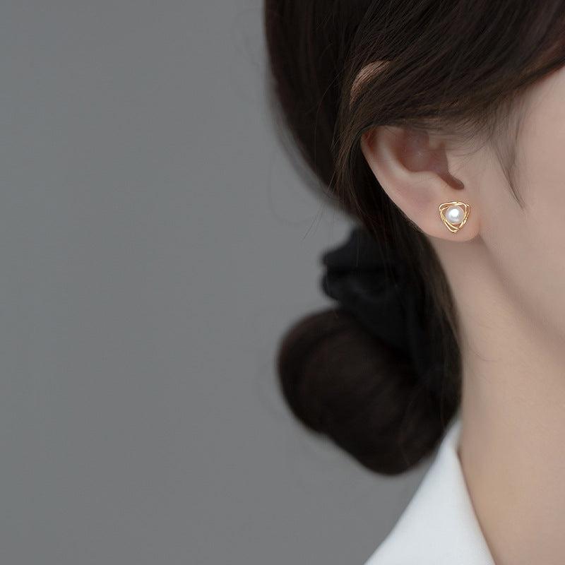 Silvery Needle Temperament Pearl Earrings For Women Triangle Line Earrings