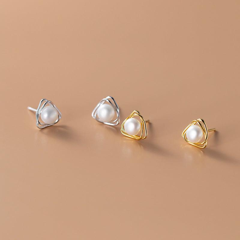 Silvery Needle Temperament Pearl Earrings For Women Triangle Line Earrings