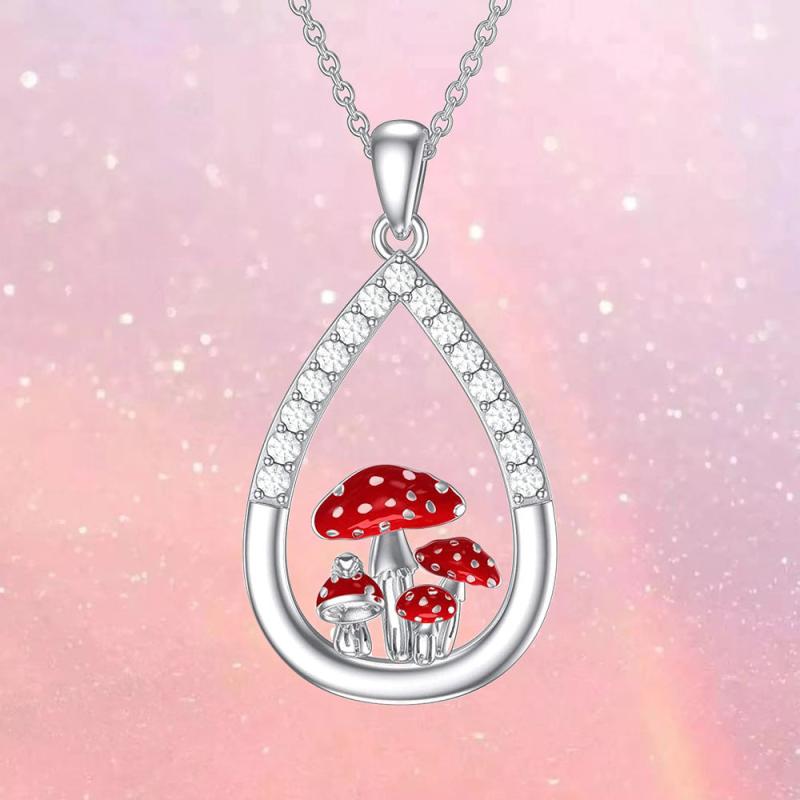 Red Mushroom Water Drop Necklace For Women Girls