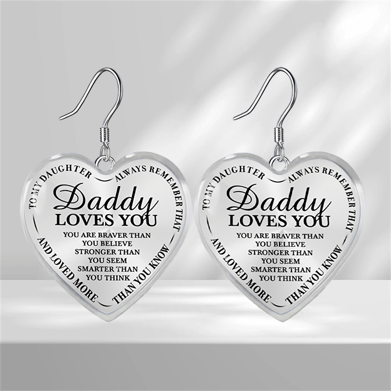 Daddy Loves You Heart Glass Pendant Earrings Graduation Party Gift