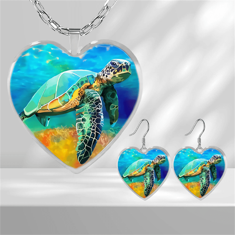 Sea Turtle Heart Glass Pendant Earrings Gift