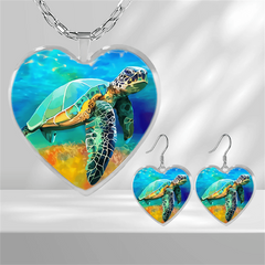 Sea Turtle Heart Glass Pendant Earrings Gift