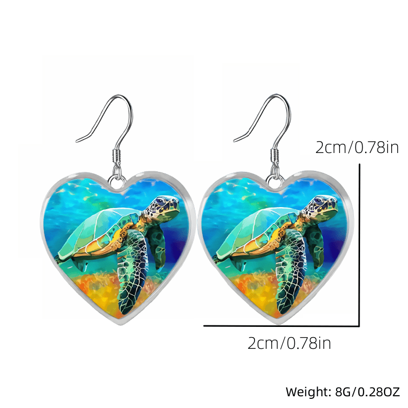 Sea Turtle Heart Glass Pendant Earrings Gift