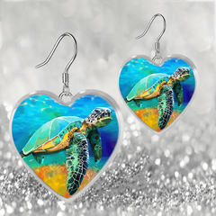 Sea Turtle Heart Glass Pendant Earrings Gift
