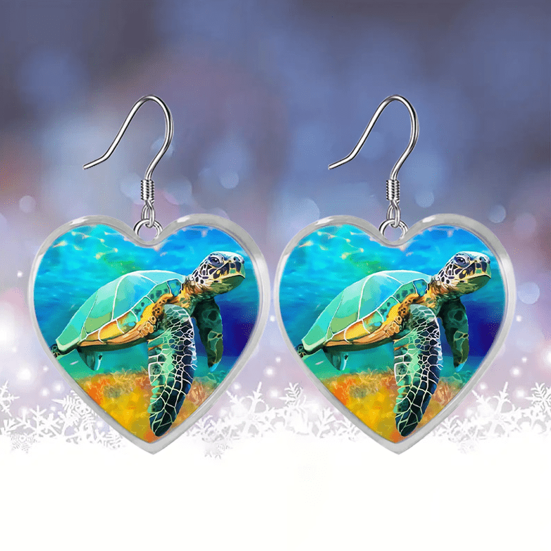 Sea Turtle Heart Glass Pendant Earrings Gift