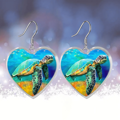 Sea Turtle Heart Glass Pendant Earrings Gift