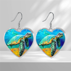 Sea Turtle Heart Glass Pendant Earrings Gift
