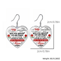 Heart Glass Pendant Earrings, Rose Flowers Pattern, Gift for Wife