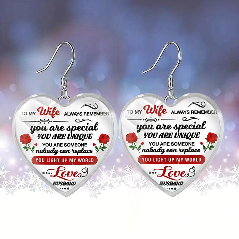 Heart Glass Pendant Earrings, Rose Flowers Pattern, Gift for Wife