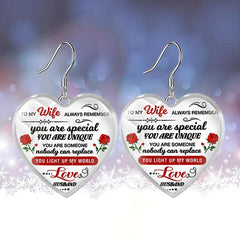 Heart Glass Pendant Earrings, Rose Flowers Pattern, Gift for Wife