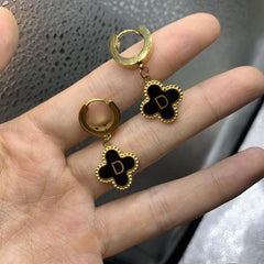 Lucky Four Leaf Grass Earrings Letter D Stainless Steel Women