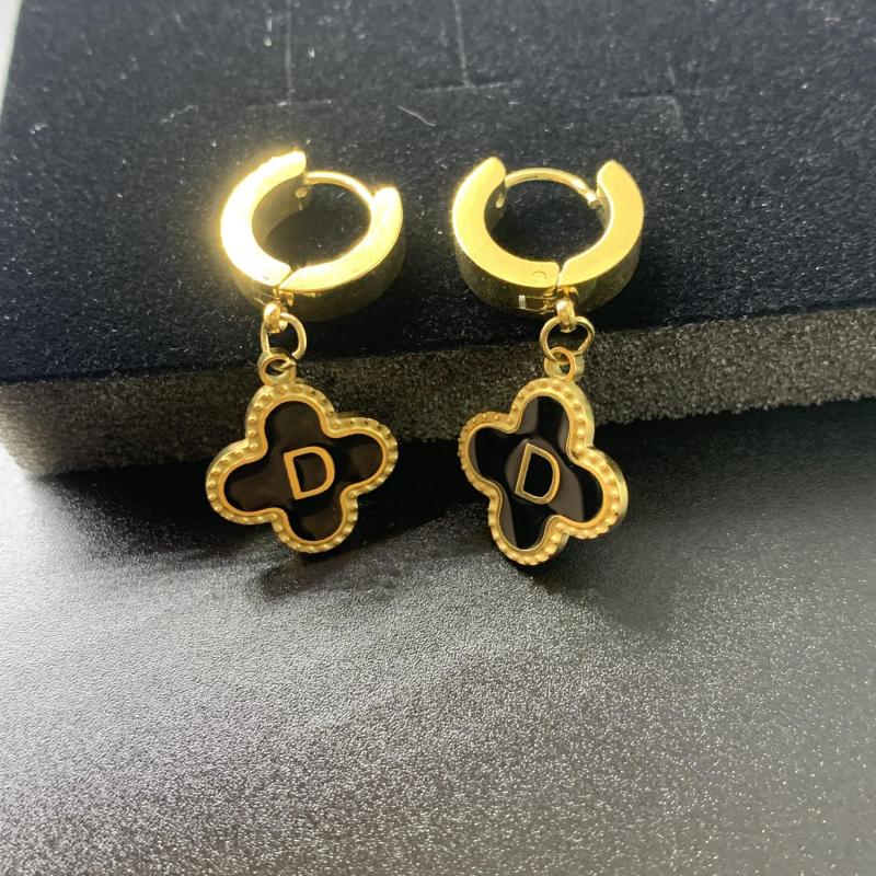Lucky Four Leaf Grass Earrings Letter D Stainless Steel Women