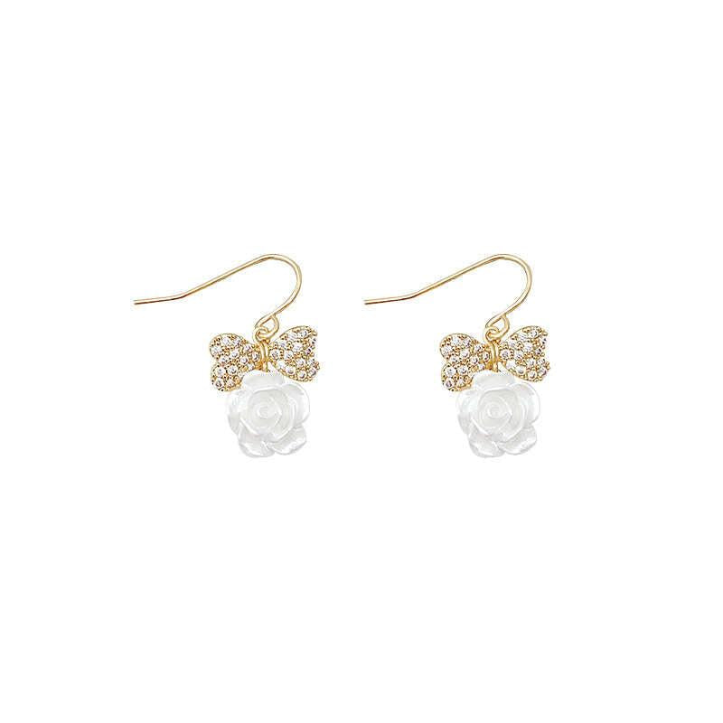 Silver Needle Diamond Bow Earrings Light Niche Camellia Earrings
