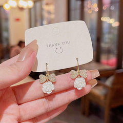 Silver Needle Diamond Bow Earrings Light Niche Camellia Earrings