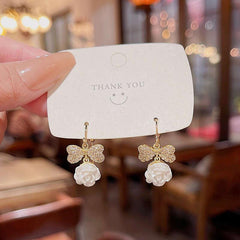 Silver Needle Diamond Bow Earrings Light Niche Camellia Earrings