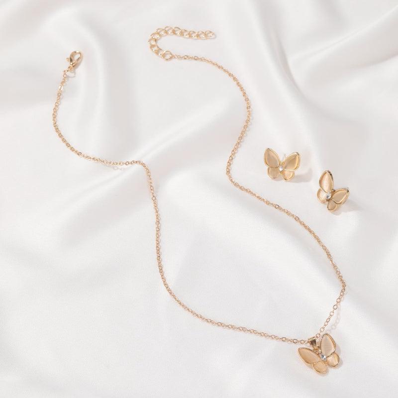 Opal Butterfly Necklace & Earrings Set - Elegant Alloy Gift