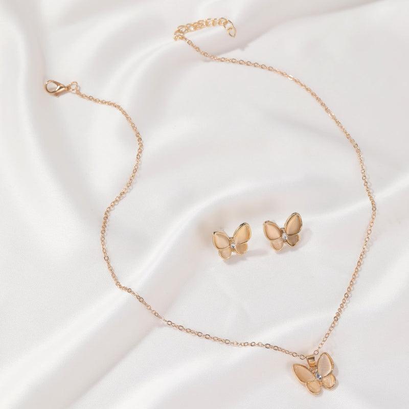 Opal Butterfly Necklace & Earrings Set - Elegant Alloy Gift