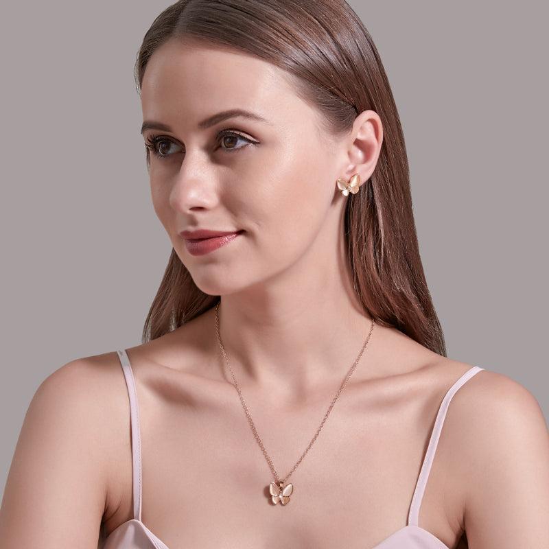 Opal Butterfly Necklace & Earrings Set - Elegant Alloy Gift