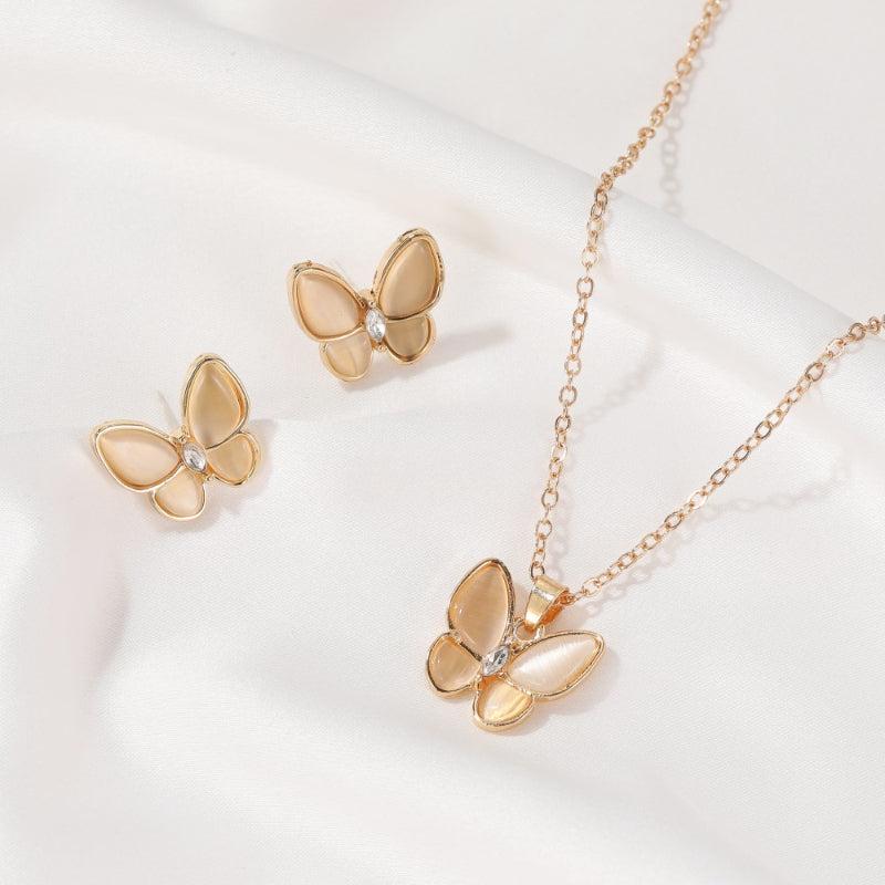 Opal Butterfly Necklace & Earrings Set - Elegant Alloy Gift