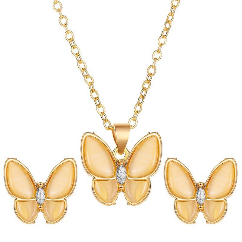 Opal Butterfly Necklace & Earrings Set - Elegant Alloy Gift