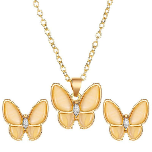 Opal Butterfly Necklace & Earrings Set - Elegant Alloy Gift