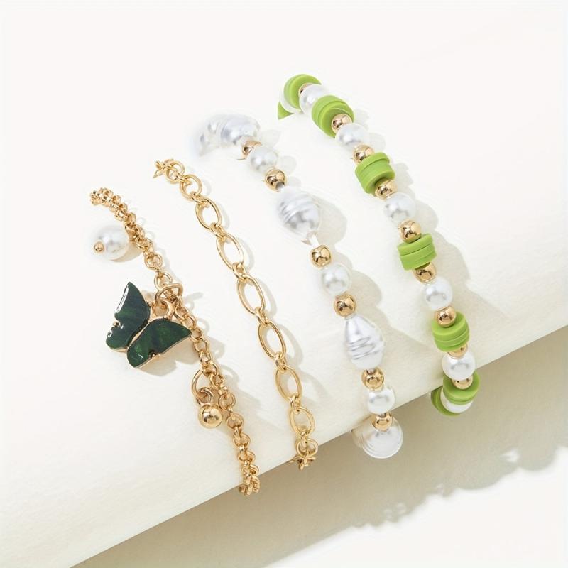 Bohemian Ethnic Bracelet Baroque Pearl Beaded Chain Butterfly Set Of 4