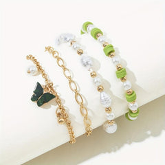 Bohemian Ethnic Bracelet Baroque Pearl Beaded Chain Butterfly Set Of 4