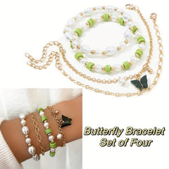 Bohemian Ethnic Bracelet Baroque Pearl Beaded Chain Butterfly Set Of 4