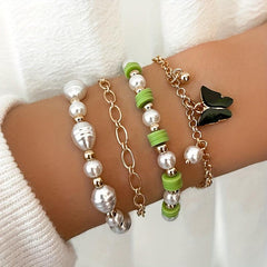 Bohemian Ethnic Bracelet Baroque Pearl Beaded Chain Butterfly Set Of 4