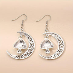Hollow Moon Mushroom Pendant Earrings Alloy Silvery Plated Jewelry Woman Gift