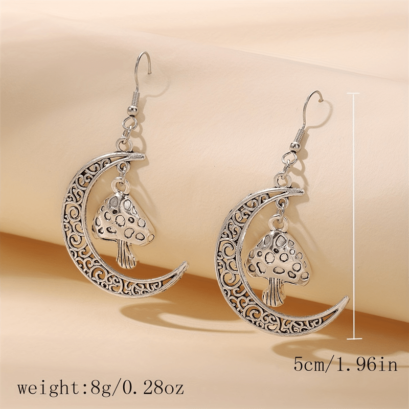 Hollow Moon Mushroom Pendant Earrings Alloy Silvery Plated Jewelry Woman Gift