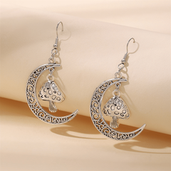 Hollow Moon Mushroom Pendant Earrings Alloy Silvery Plated Jewelry Woman Gift