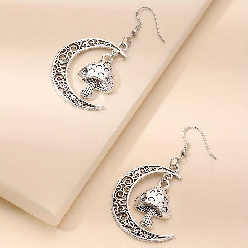 Hollow Moon Mushroom Pendant Earrings Alloy Silvery Plated Jewelry Woman Gift