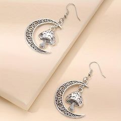 Hollow Moon Mushroom Pendant Earrings Alloy Silvery Plated Jewelry Woman Gift