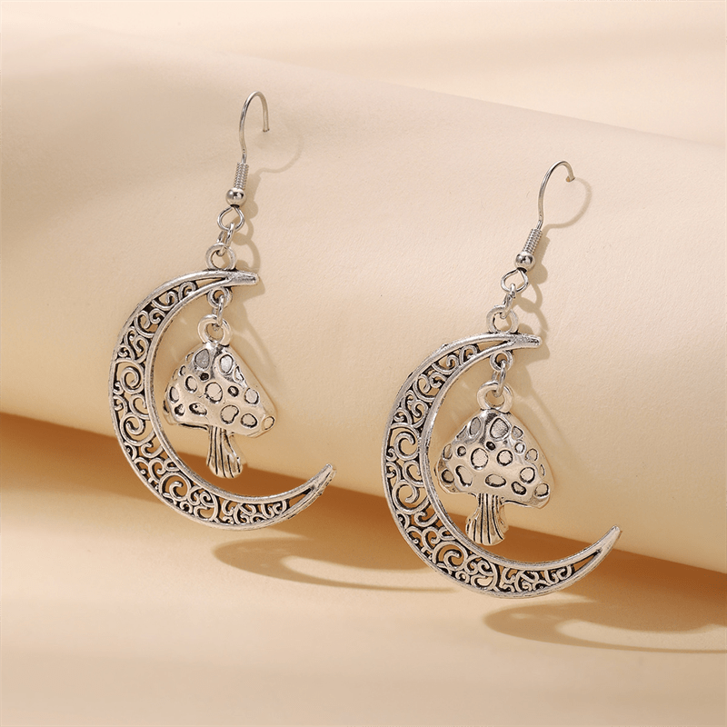 Hollow Moon Mushroom Pendant Earrings Alloy Silvery Plated Jewelry Woman Gift