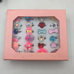 24pcs Cartoon Resin Gem Ring Set with Paper Box - Adjustable Size