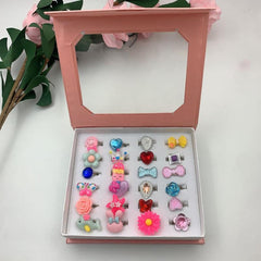 24pcs Cartoon Resin Gem Ring Set with Paper Box - Adjustable Size