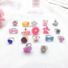 24pcs Cartoon Resin Gem Ring Set with Paper Box - Adjustable Size