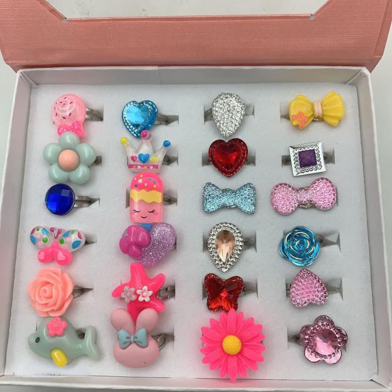 24pcs Cartoon Resin Gem Ring Set with Paper Box - Adjustable Size
