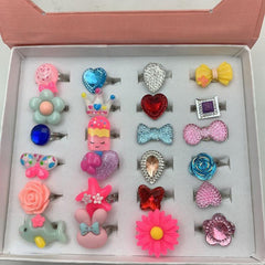 24pcs Cartoon Resin Gem Ring Set with Paper Box - Adjustable Size