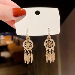 Light Mesh Tassel Drop Earrings with Rhinestone and Feather Details