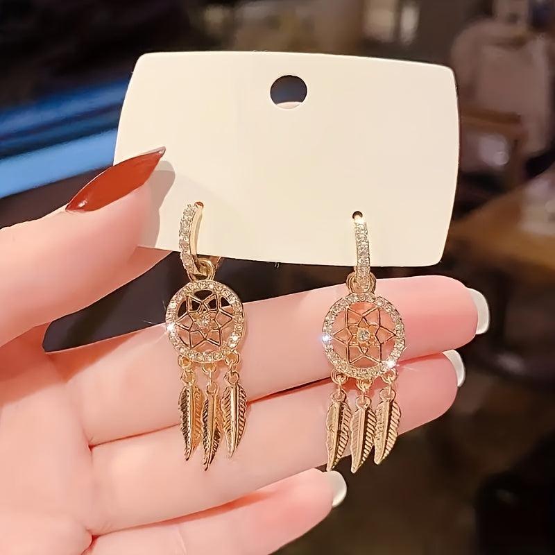 Light Mesh Tassel Drop Earrings with Rhinestone and Feather Details