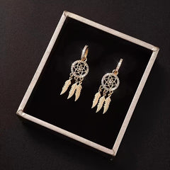 Light Mesh Tassel Drop Earrings with Rhinestone and Feather Details