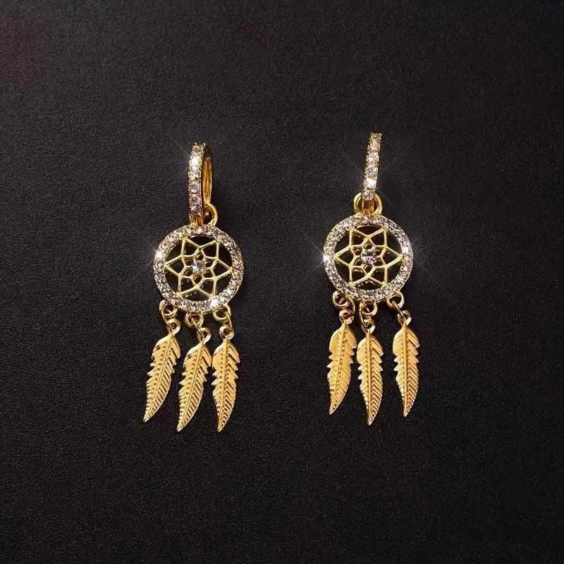 Light Mesh Tassel Drop Earrings with Rhinestone and Feather Details