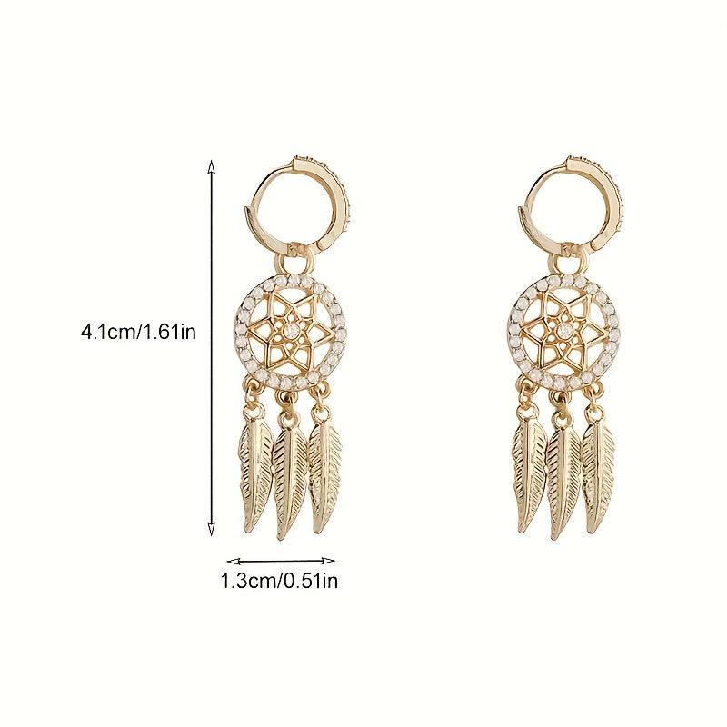 Light Mesh Tassel Drop Earrings with Rhinestone and Feather Details
