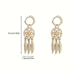 Light Mesh Tassel Drop Earrings with Rhinestone and Feather Details