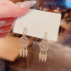 Light Mesh Tassel Drop Earrings with Rhinestone and Feather Details