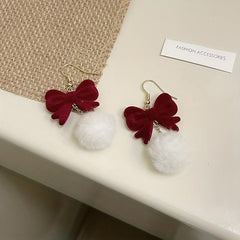 Burgundy Fur Ball Earrings Sweet Style