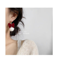 Burgundy Fur Ball Earrings Sweet Style